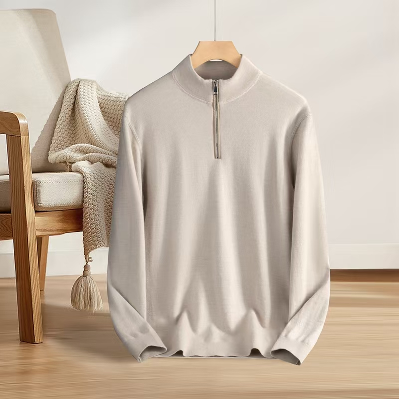 100%山羊绒18针68支精纺男士半拉链套衫