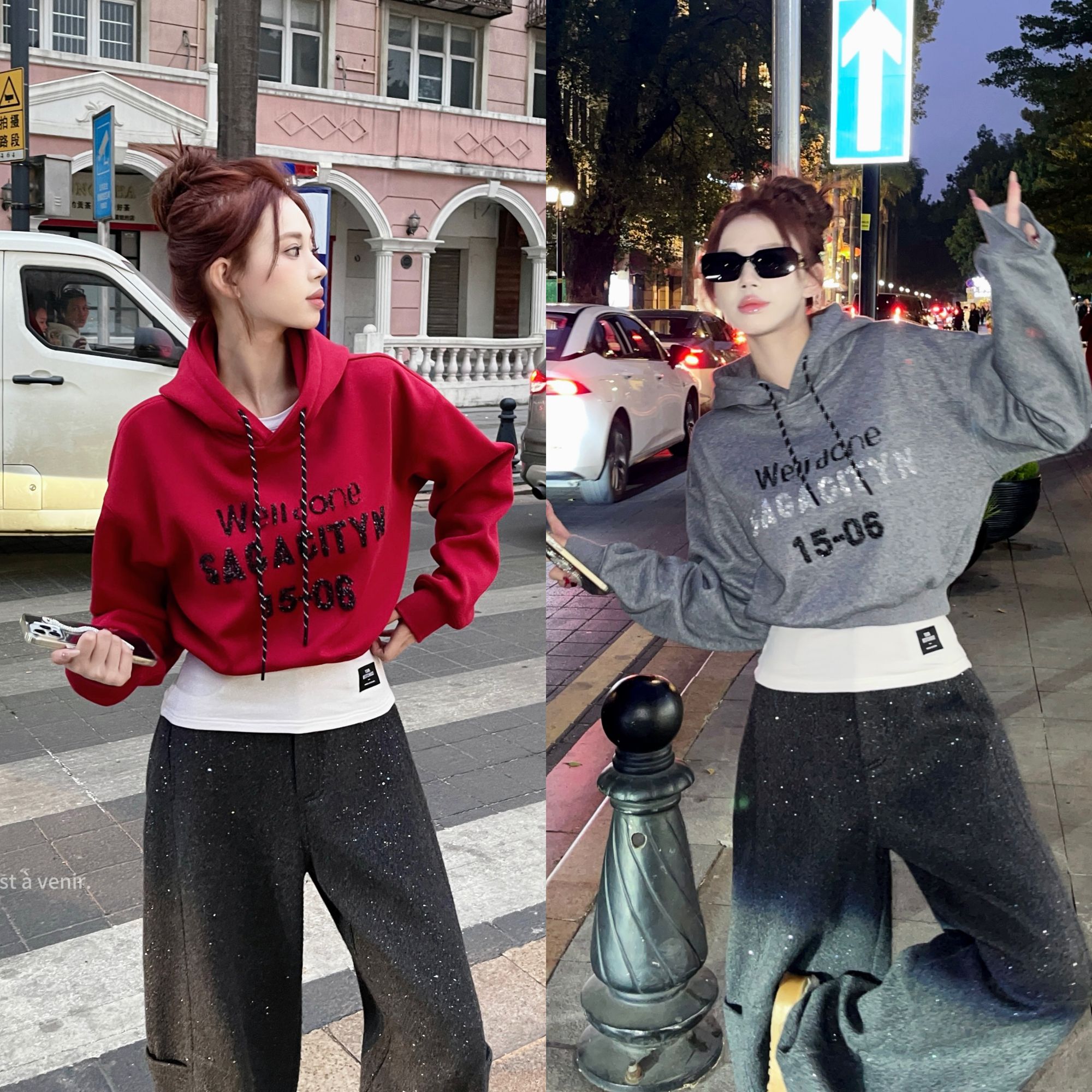 XIAOXIN 秋冬美式复古字母烫钻连帽卫衣韩版外套LWJ24D4T2462