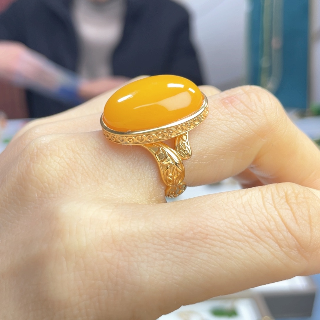 蜜蜡戒指银S925镶嵌秀*