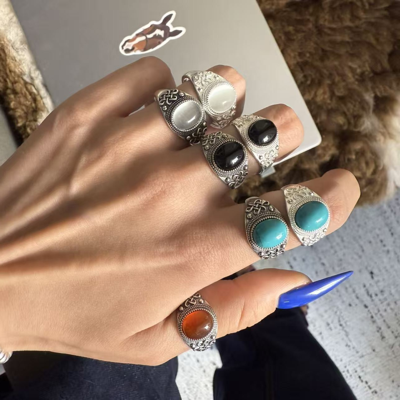 925银戒指 个性指环椭圆男女复古开口吉祥结镶嵌戒指银色小众时尚