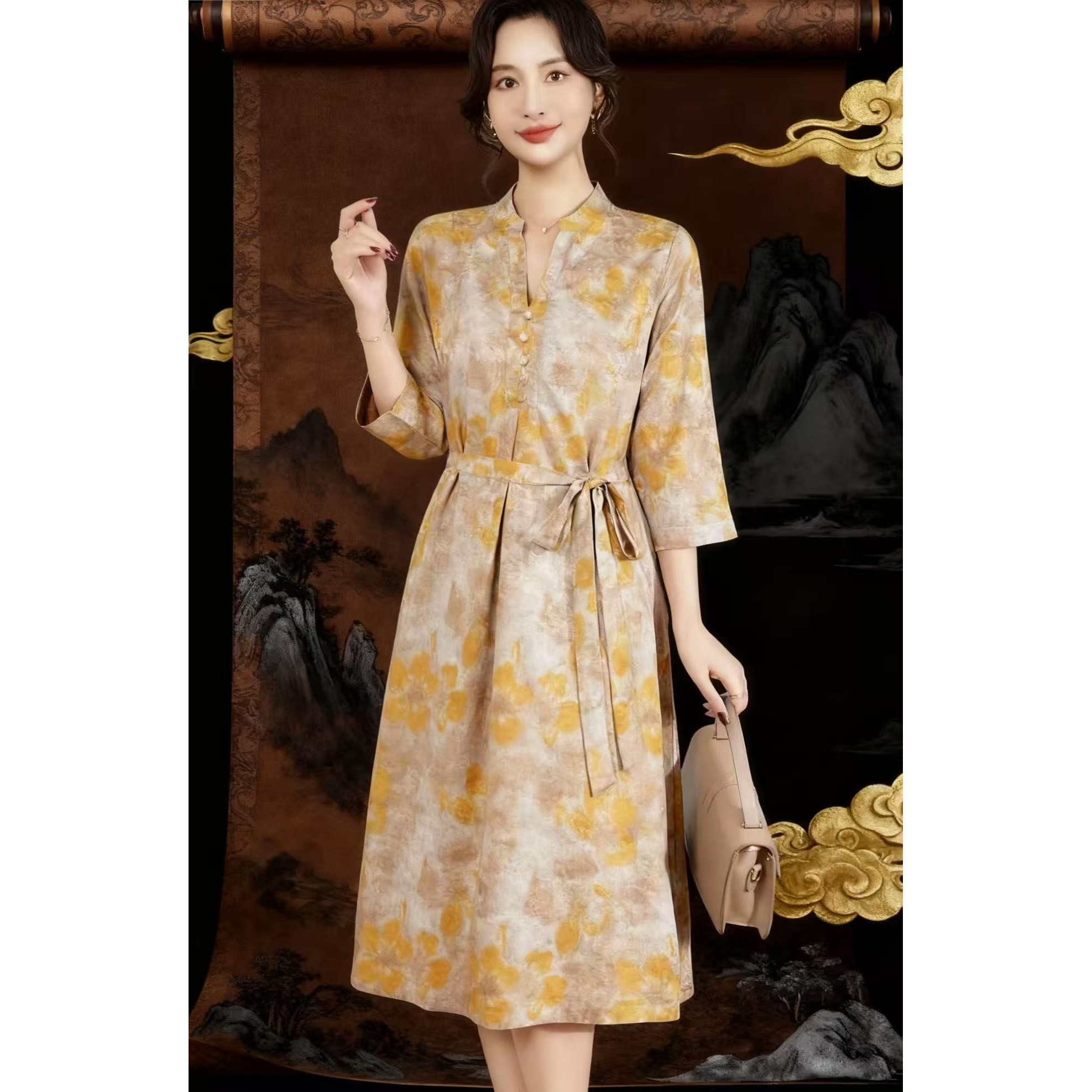 香【盛世金秋】新款高级洋气夏季收腰气质显瘦连衣裙时尚裙子9809