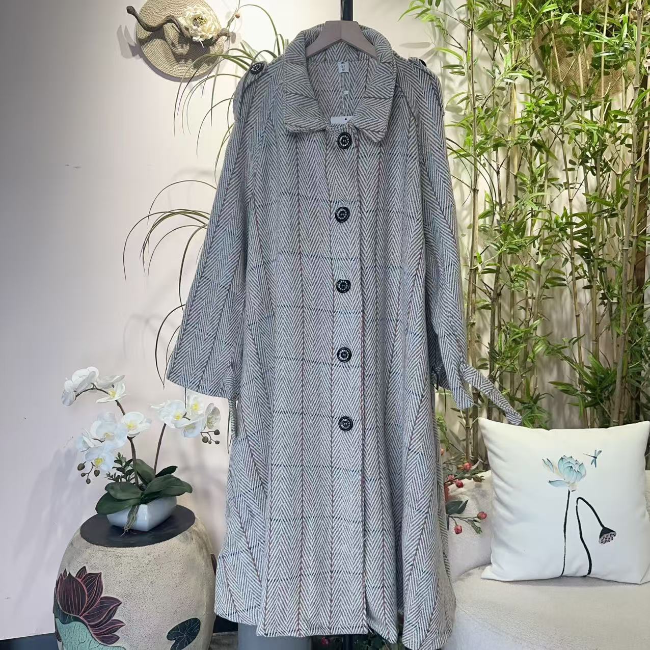 新中式日常休闲百搭宽松长款开衫风衣大衣外套