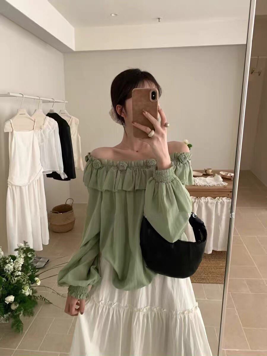 【海南简爱】一字肩衬衫女韩系立体玫瑰花设计上衣5610