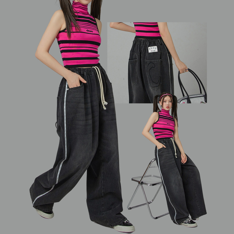 【达人专属】CHUU字母织带拼接拖地长裤子女松紧腰阔腿牛仔裤-Q