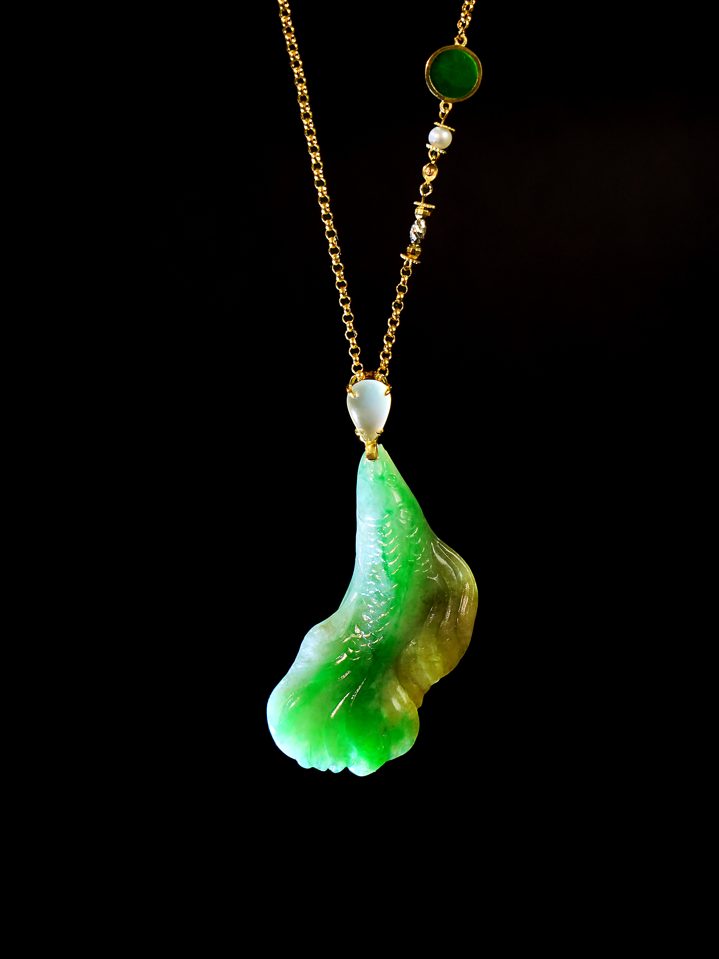 【锦鲤游春】配金链 糯冰种黄加绿翡翠锦鲤项链 18K金镶国风设计