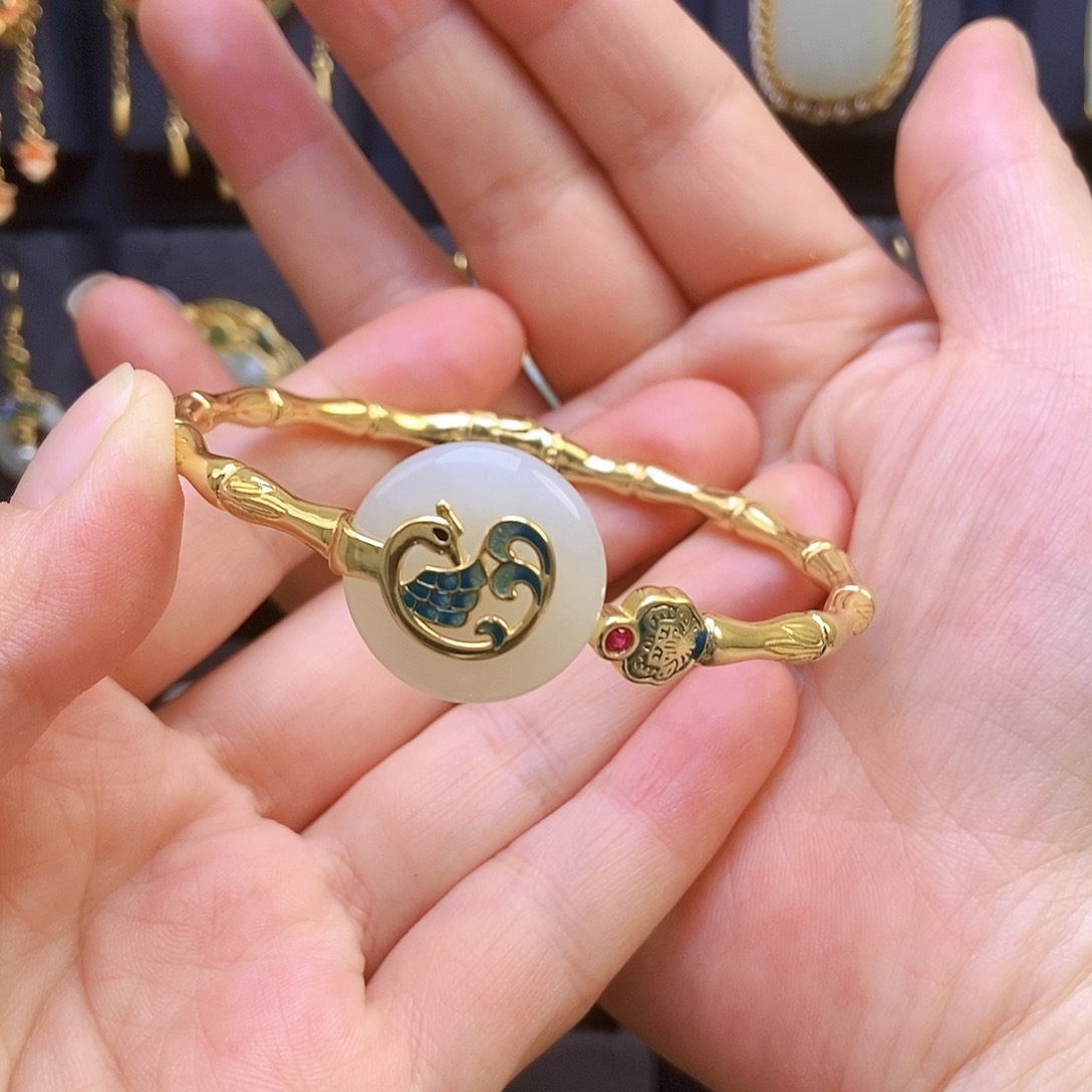 和田玉手镯银S925镀金镶嵌