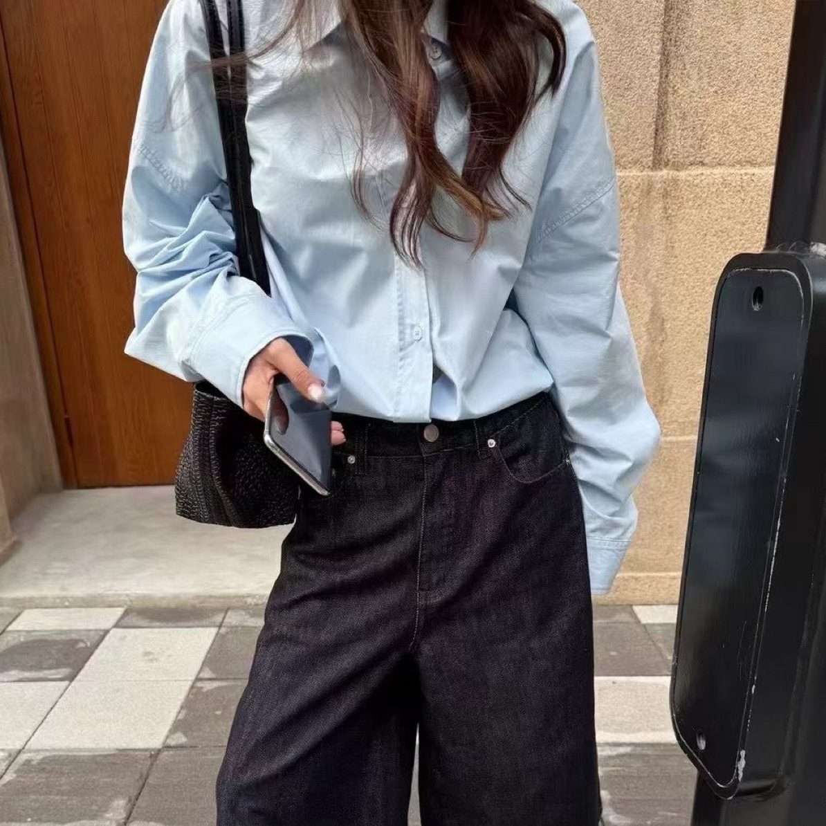 秋季新款蓝色宽松长袖衬衫老钱风休闲叠穿外搭上衣