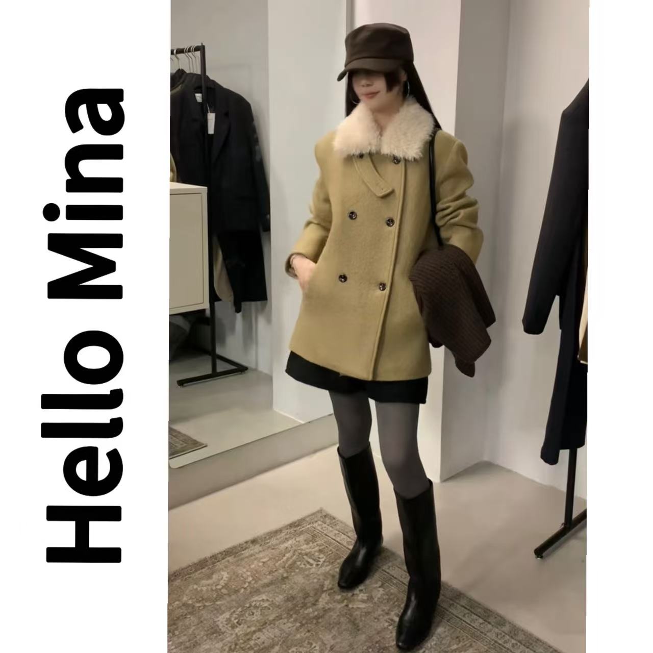 25826新款毛毛领加厚双排扣加棉大衣(含羊毛轻微起球介意勿拍)