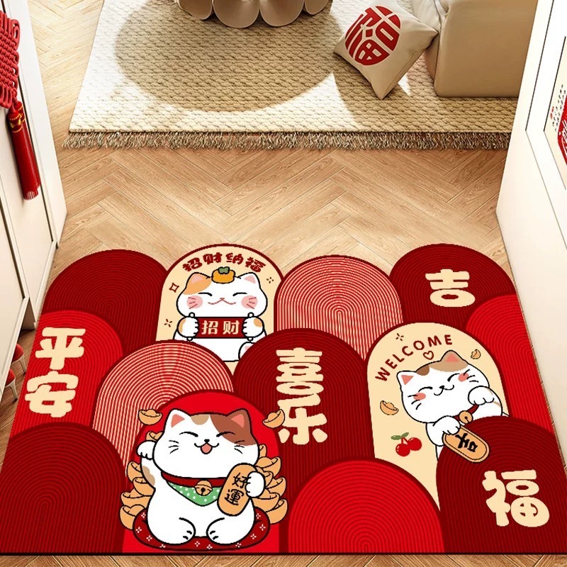 印象【平安喜乐招财猫】入户专用皮革防油防水可擦免洗专用防滑地垫