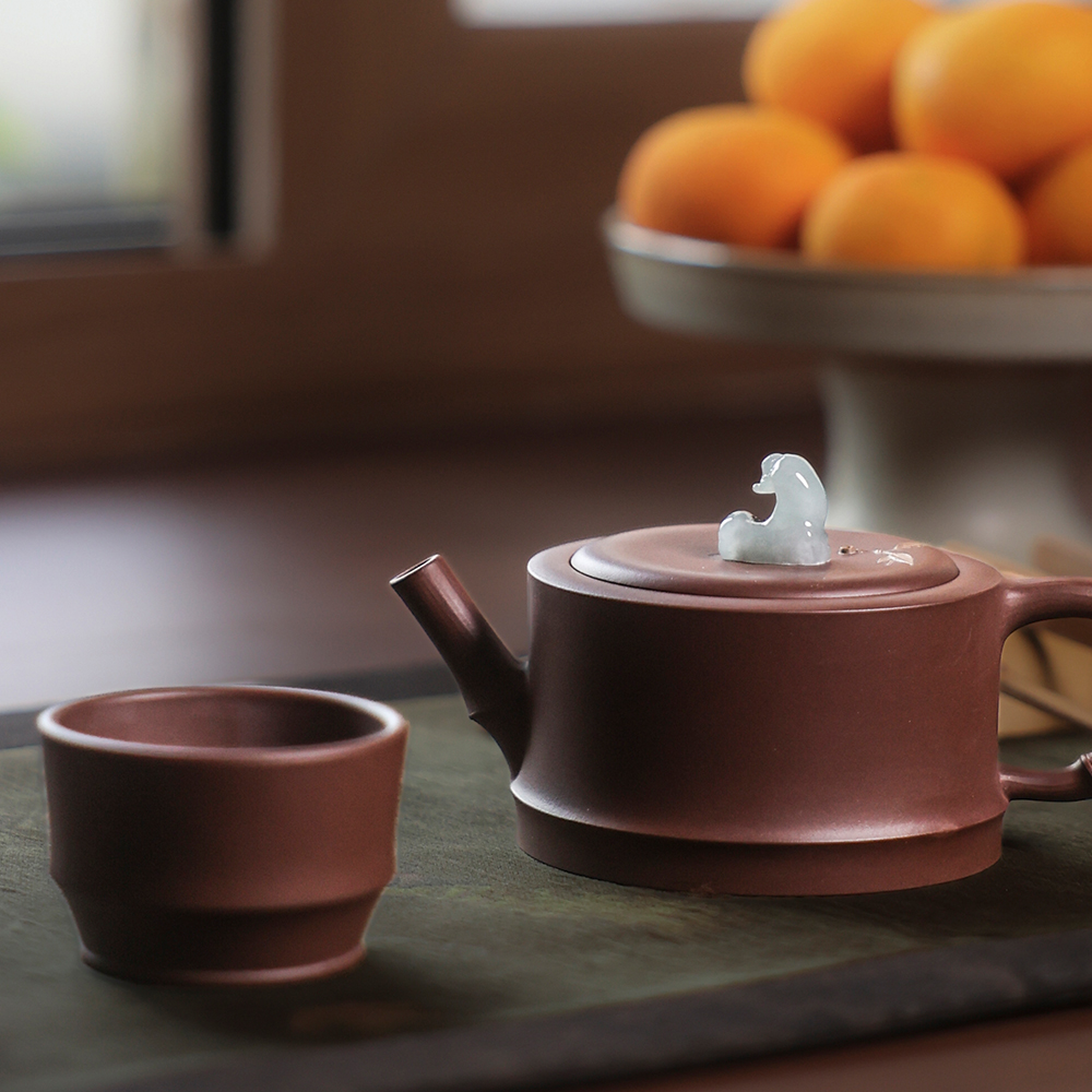 【庄家】长物志 禅茶一味・立世 天然翡翠达摩造像 竹节设计紫砂茶壶