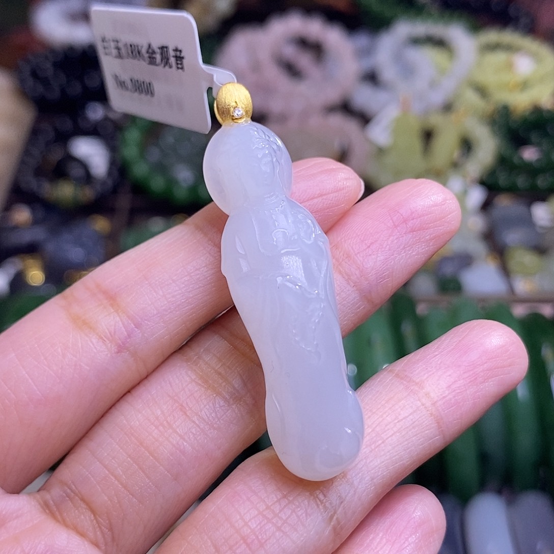 和田玉未镶嵌颈饰老矿料金镶白玉金镶观音