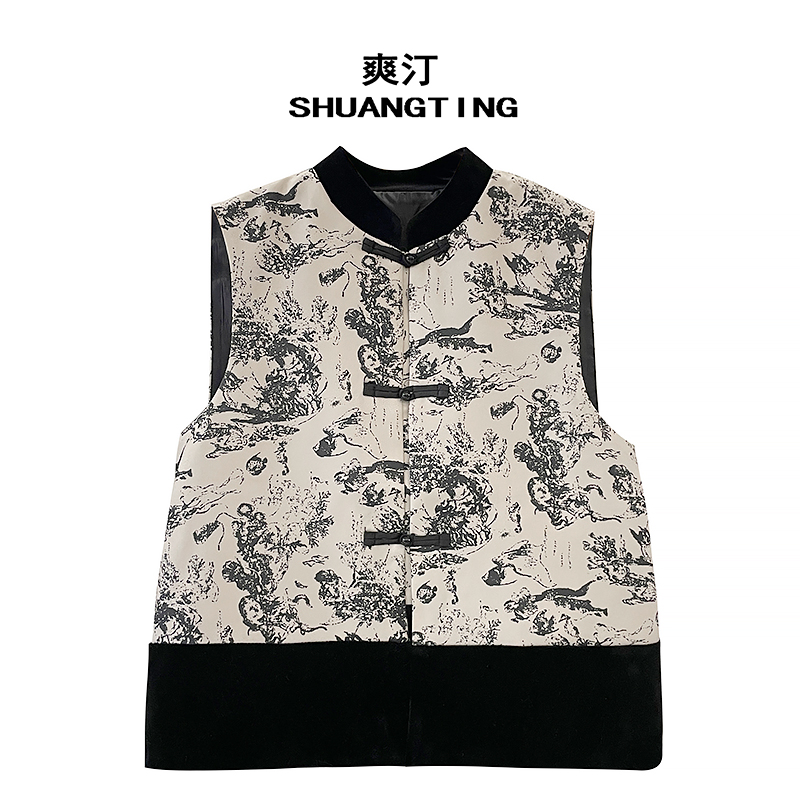 Jokara/丘可儿【寻梦】新中式国潮丝绒拼接提花马甲国风盘扣马夹春