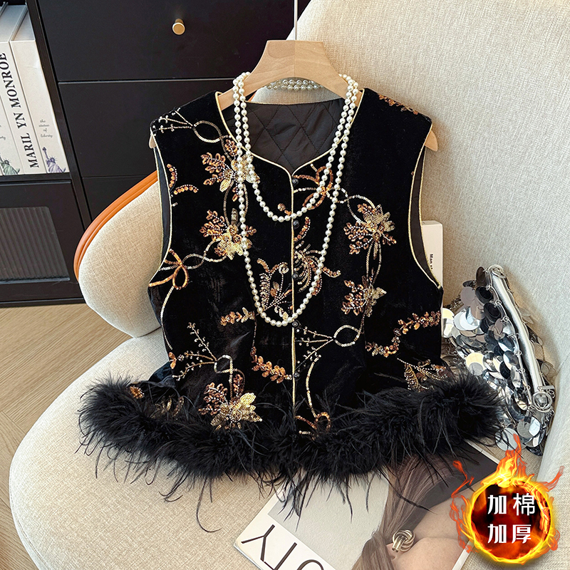 【加棉加厚】新中式亮片绣花马甲2025秋冬新款羽毛拼接重工国风上衣