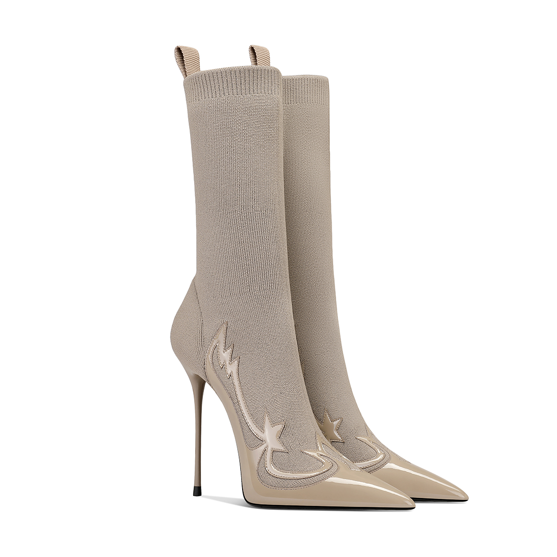 时尚卡其拼接针织弹力袜靴高级感2025冬季新款尖头细跟高跟鞋女