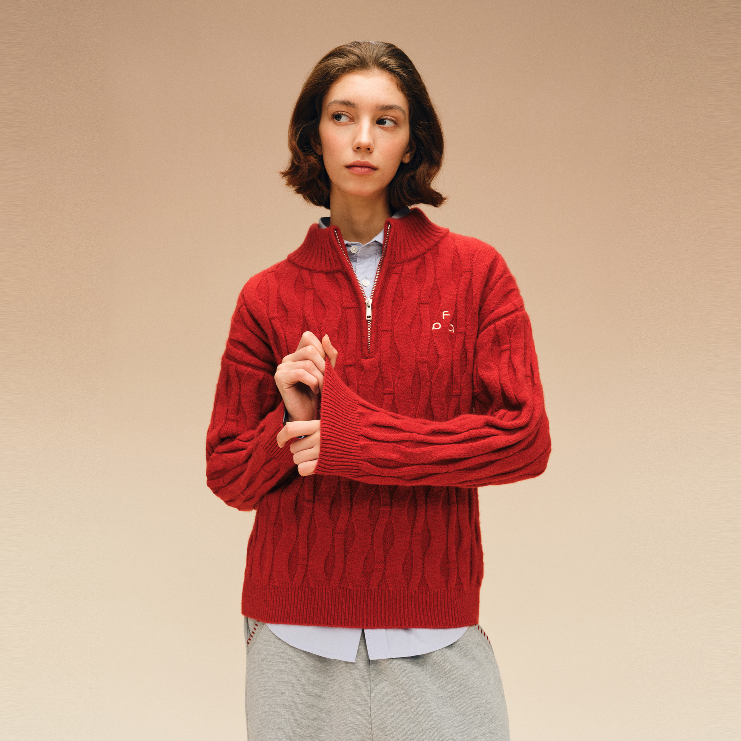 FPA拉链半高领螺线绞花套头毛衣男女款