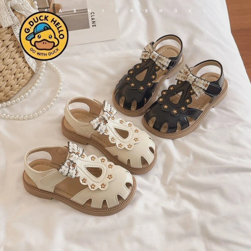 小黄鸭女童包头凉鞋儿童沙滩鞋2025新款夏季蝴蝶结宝宝鞋公主鞋