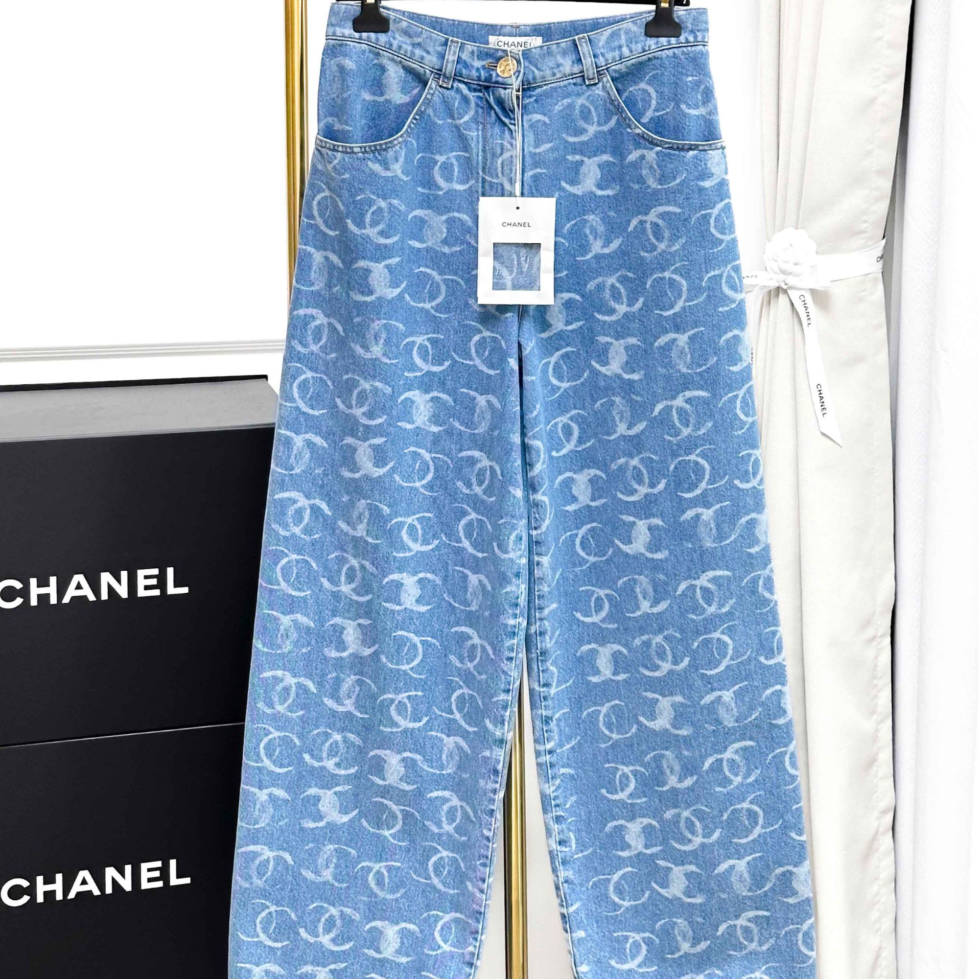 99新 Chanel/香奈儿 38码23B爆款蓝色亮片涂鸦双C满印logo牛仔裤
