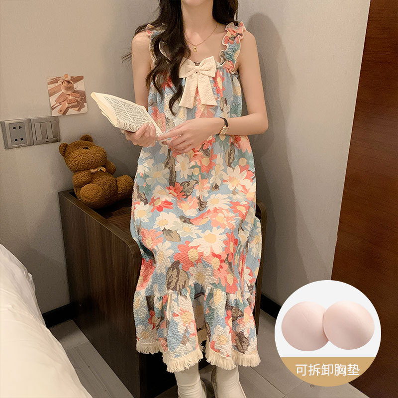 跨境热销睡裙夏季泡泡棉带胸垫睡衣女可爱家居服套装量大优惠