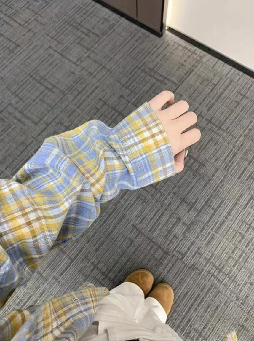 浅蓝格子衬衫女长袖高级感衬衣秋季新款慵懒外套韩版宽松外穿百搭