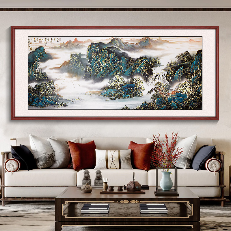 浮雕描金 春山富水 新中式山水客厅装饰画办公室沙发背景墙挂画