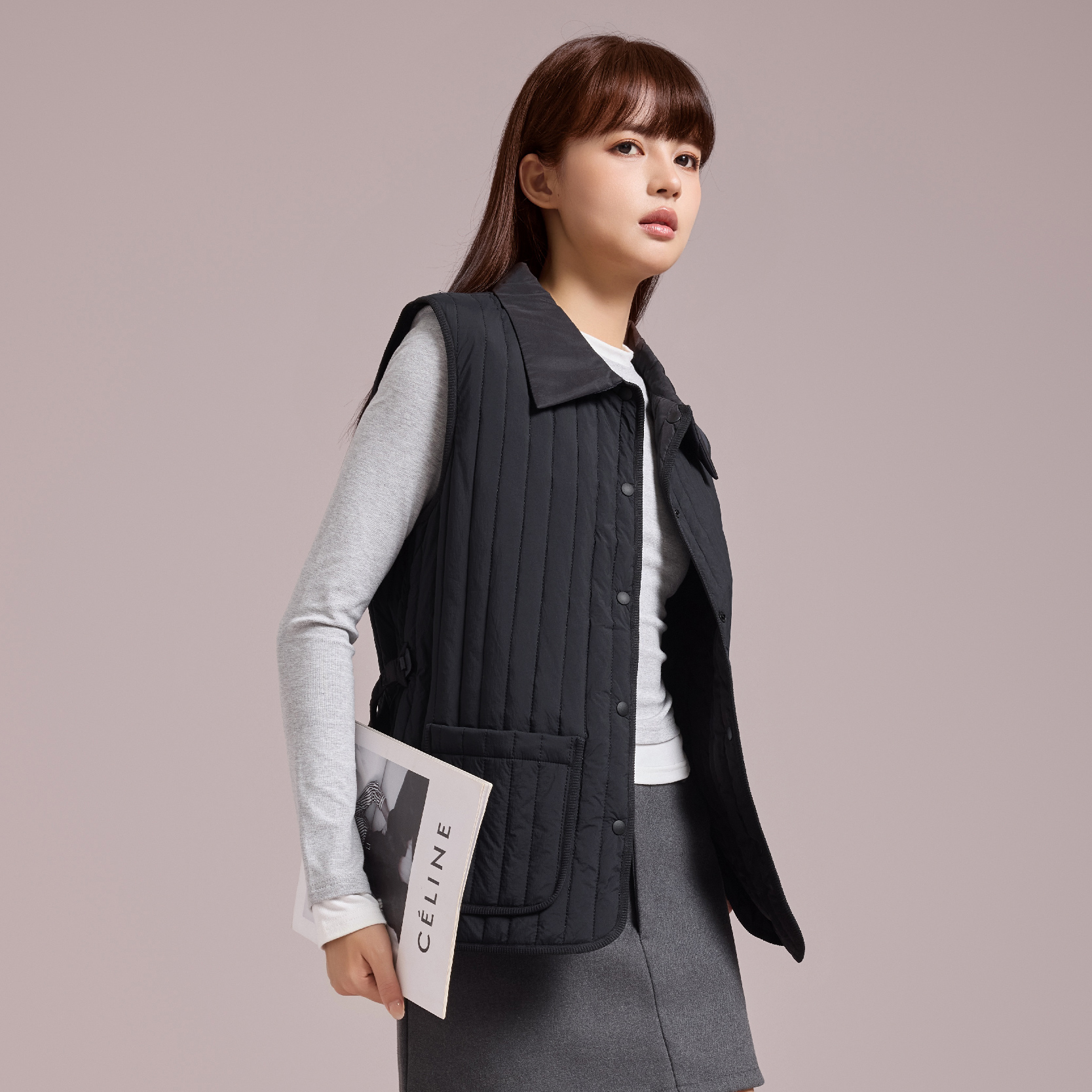 【YM断码直发】竖条纹翻领羊毛马甲 女款配腰带 YM-7385