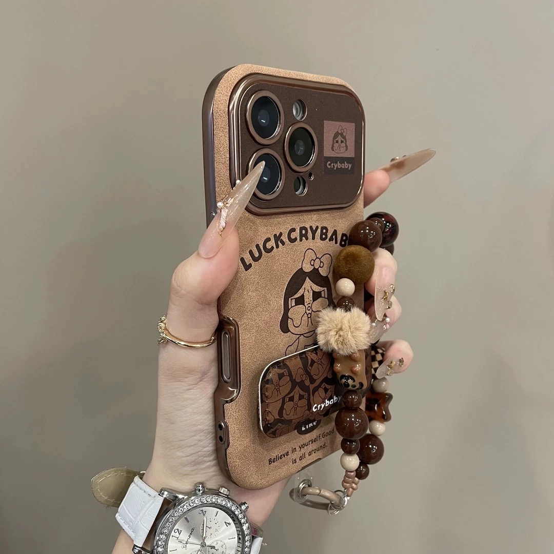 复古绒布棕底滑板哭娃适用苹果17promax手机壳iPhone16pro支架15