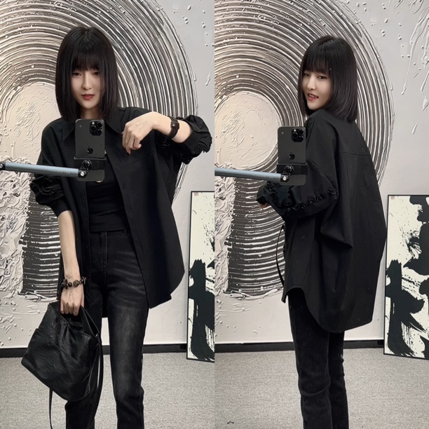 25185新款黑色宽松衬衫