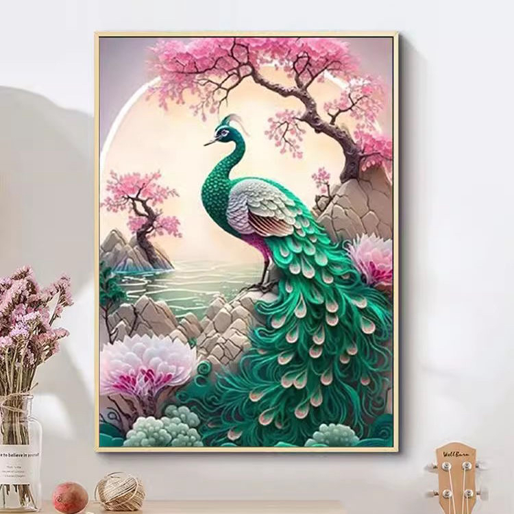 绿色孔雀钻石画满钻桃花树下孔雀富贵花开玄关客厅装饰画手工diy