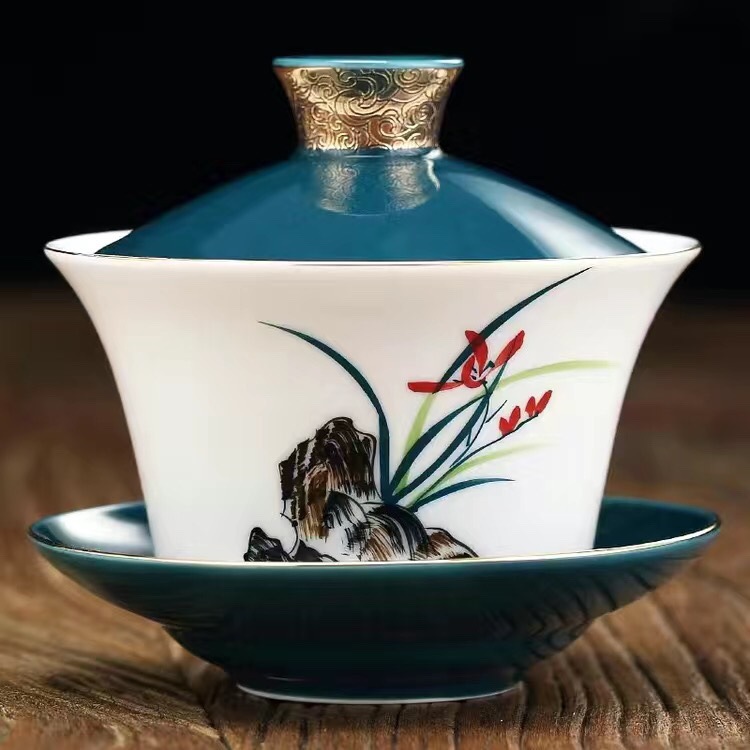 八宝茶盖碗茶具手绘兰花300-330ml大号青花瓷盖碗单个大容量茶碗