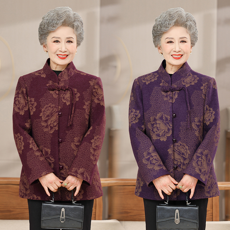 妈妈秋装外套老年人呢子上衣女老太太衣服洋气质奶奶装春秋季唐装