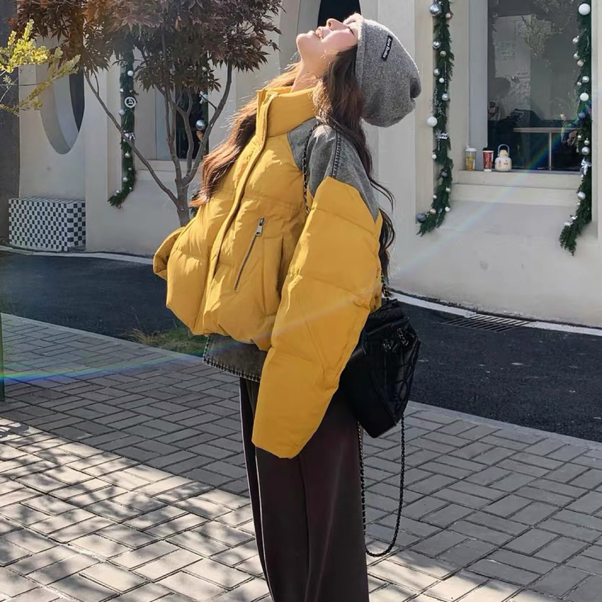 冬季新款设计感牛仔拼接短款白鸭绒羽绒服女外套