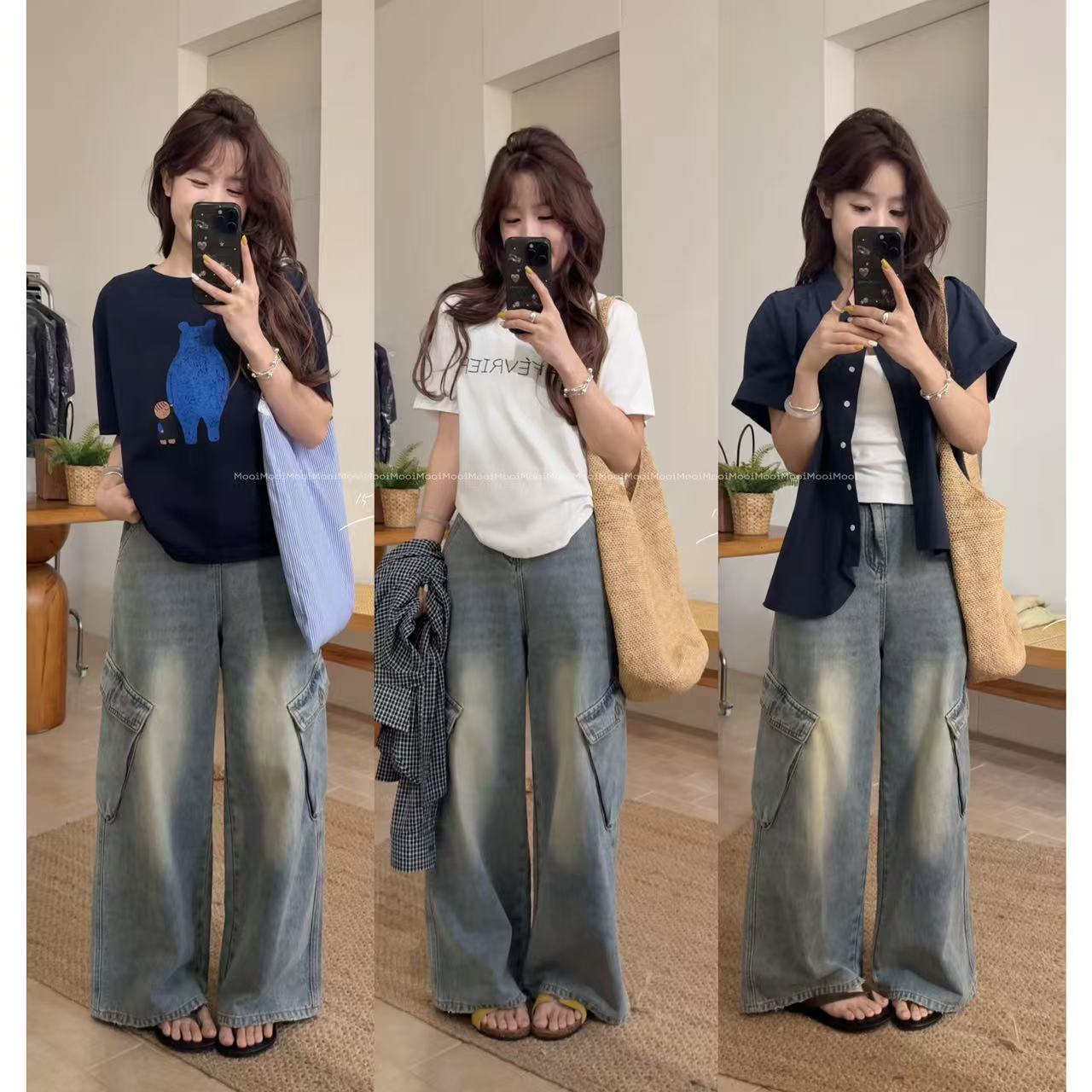 【mooi】'肯豆出街'夏季新款韩版ins风小众设计感牛仔休闲裤