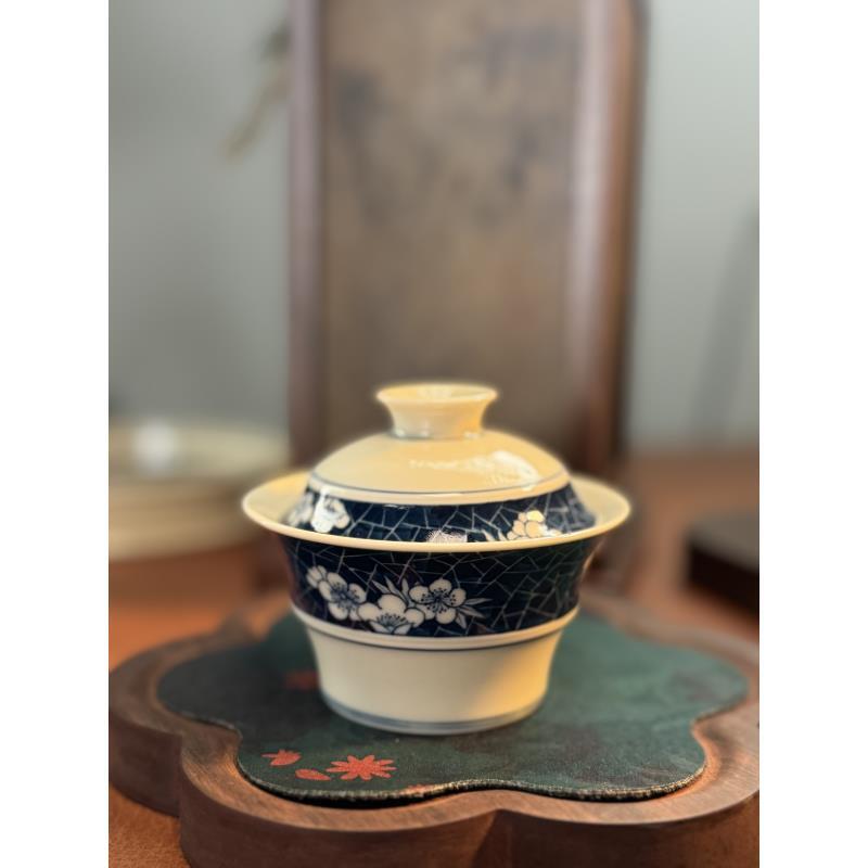 A224【景墨春风】景德镇手工手绘二号釉青花冰梅竹节盖碗   80ml   