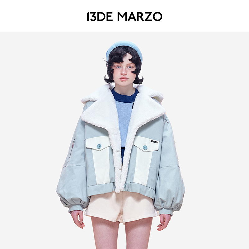 13DE MARZO 专柜正品90绒帕尔达熊牛仔布拼接摇粒绒领时尚羽绒服