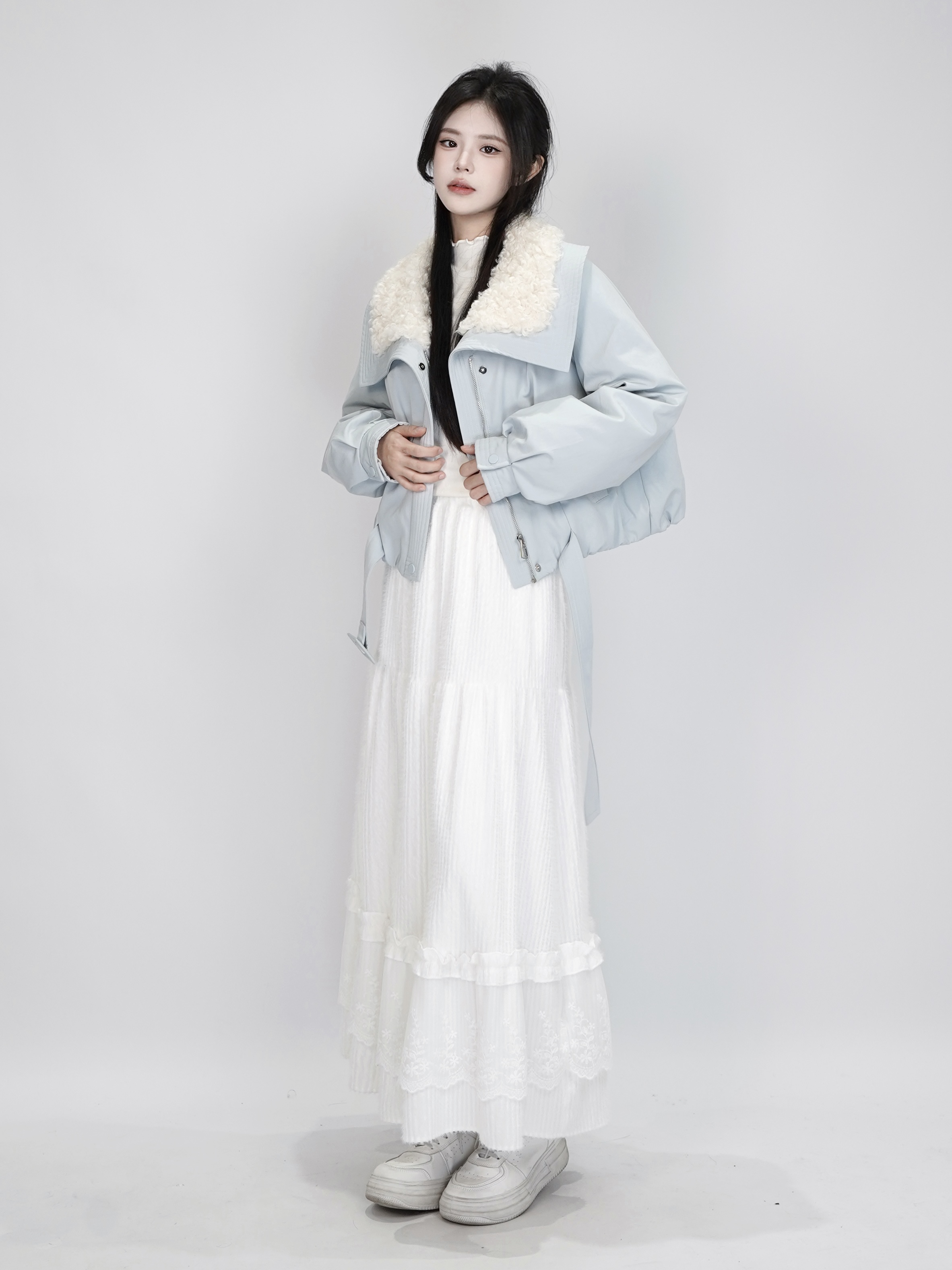 【NEW】秋冬保暖通勤百搭毛领短款羽绒服+修身显瘦长半裙套装