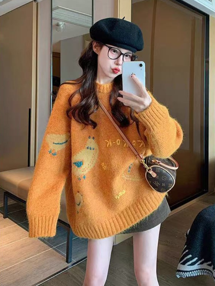 韩系慵懒风趣味卡通提花黄色毛衣女冬季新款宽松软糯套头针织上衣