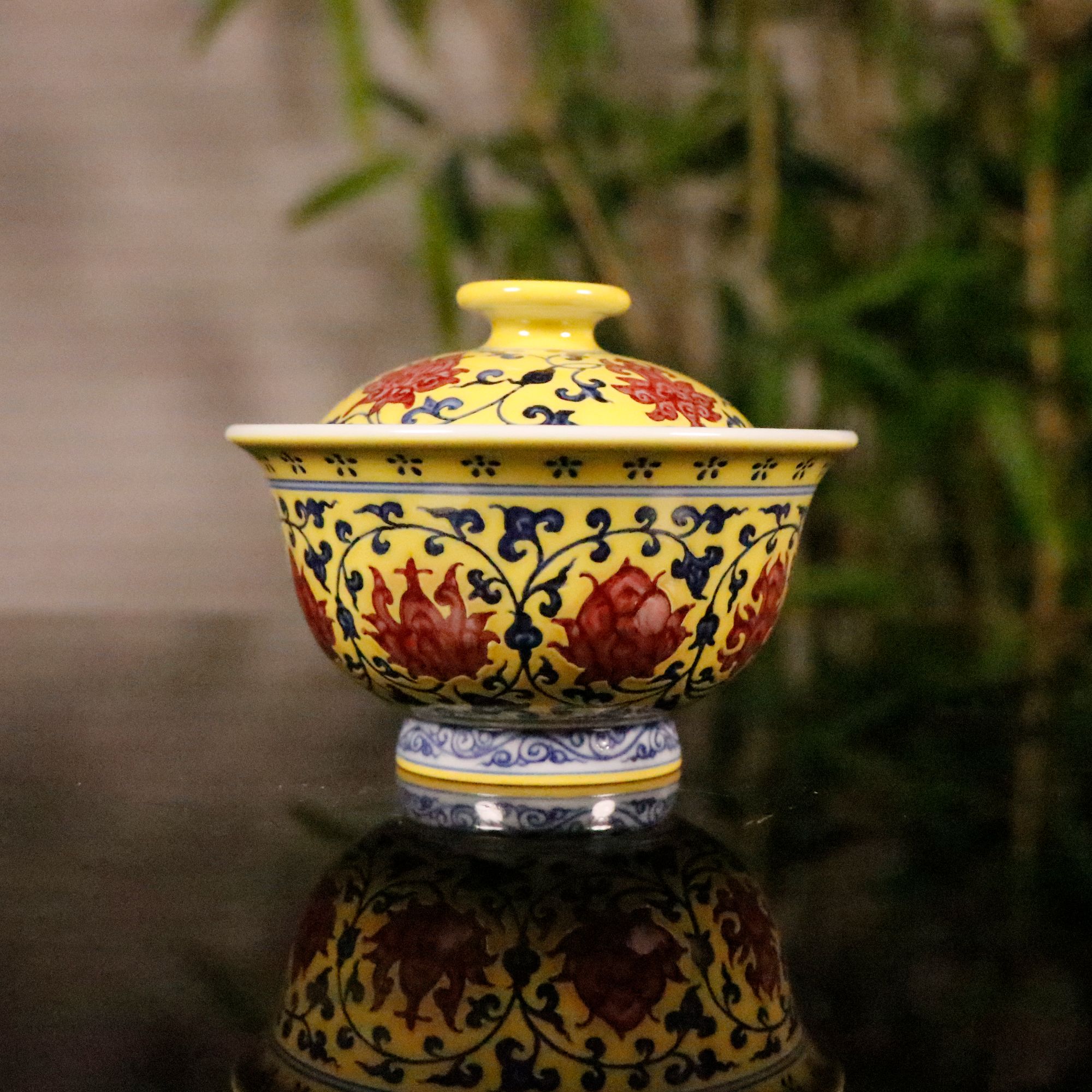 永明尚玩黄釉缠枝釉里红盖碗陶瓷茶具