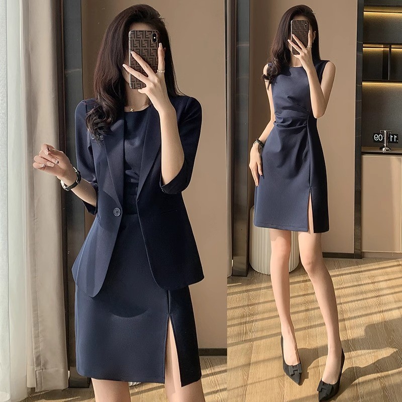 藏青西装连衣裙女夏职业套装气质七分袖西服内搭背心裙正装工作服