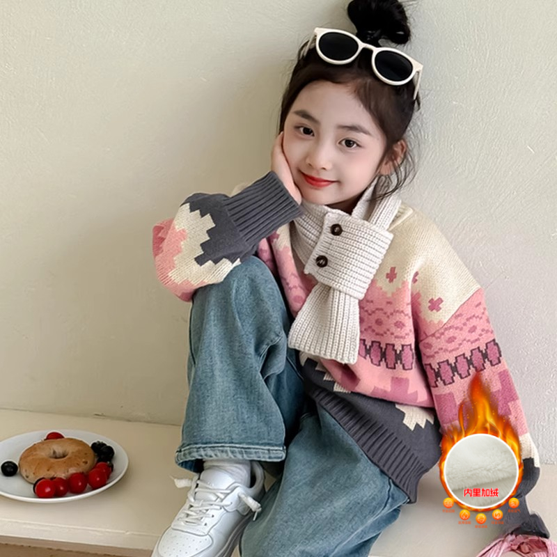 女童加绒加厚秋冬保暖毛衣韩版儿童冬季圆领针织衫上衣女孩毛线衣