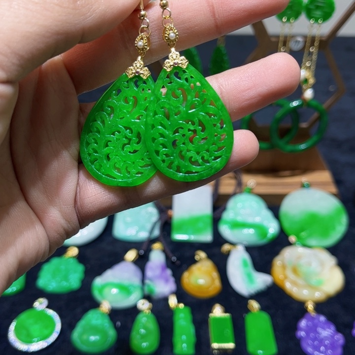 翡翠颈饰银S925镀金镶嵌耳饰