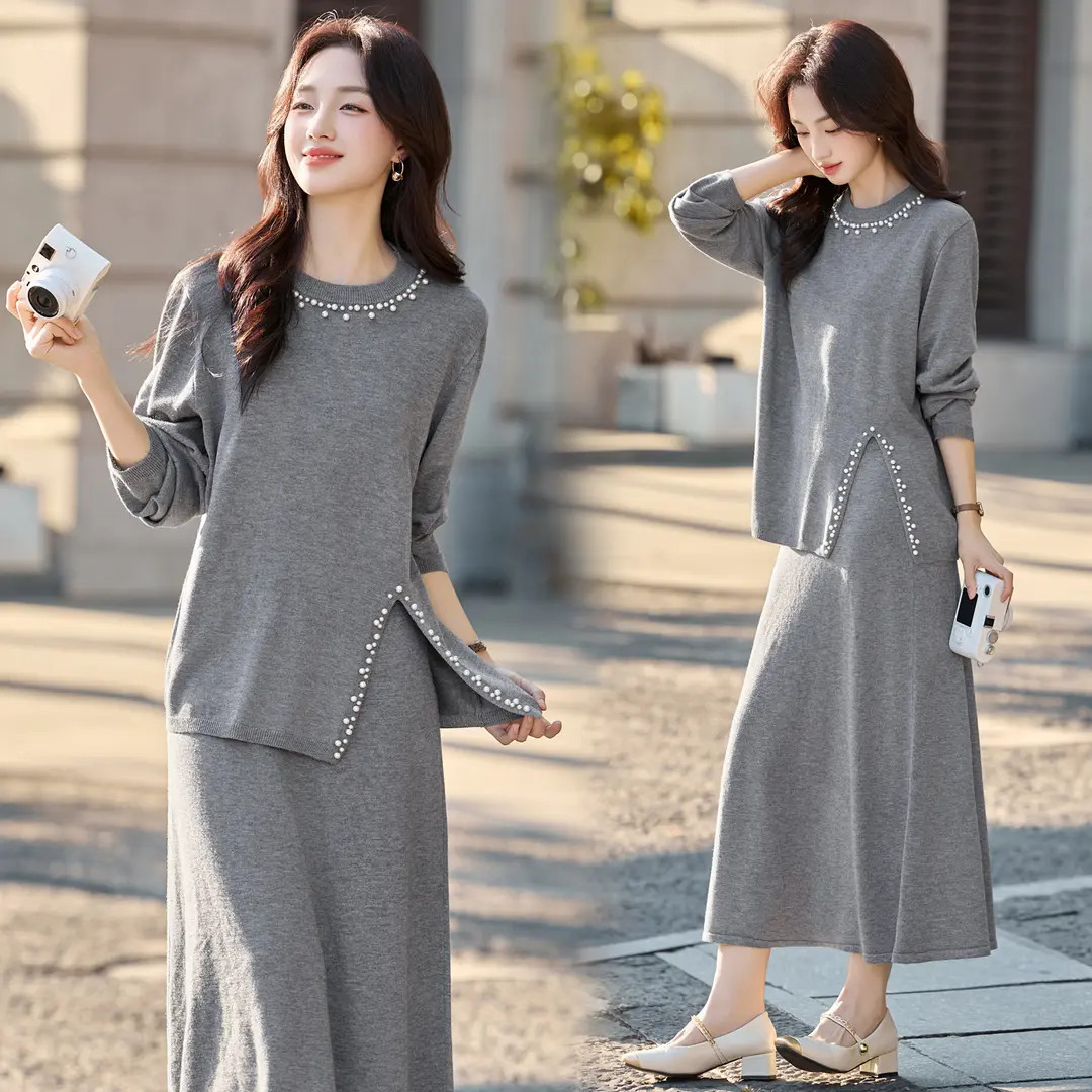 小香风钉珠针织套装裙女2025年春秋新款宽松气质休闲半身裙两件套