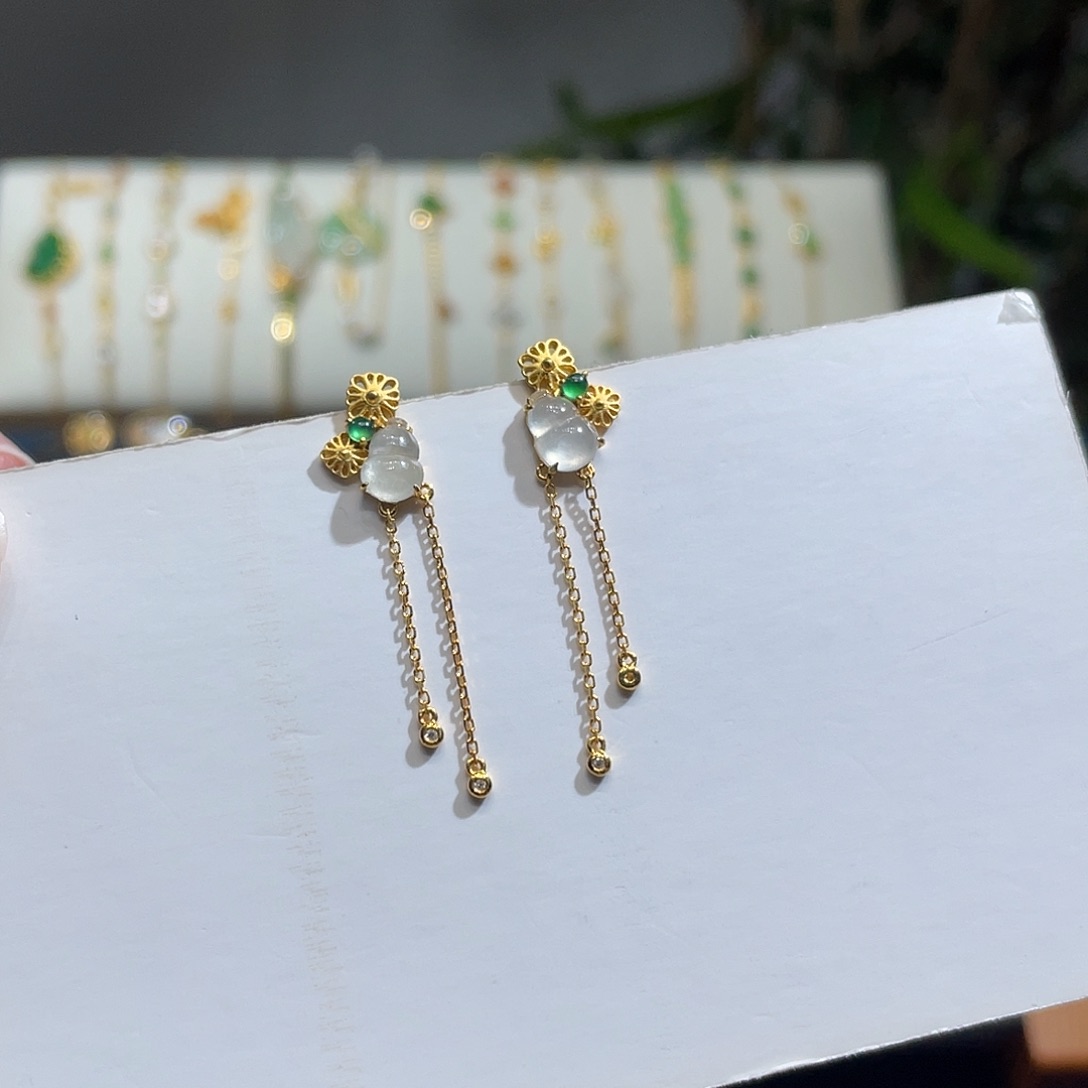 翡翠耳饰18K金镶嵌流苏葫芦