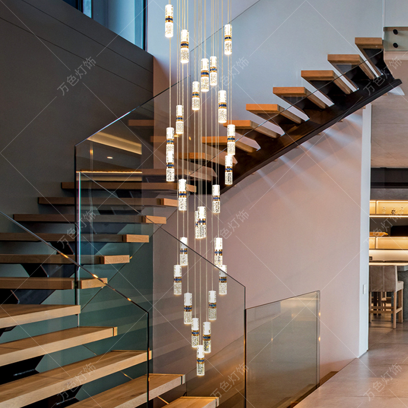 万色灯Loft公寓复式楼中空客厅灯现代轻奢小竹节水晶旋转楼梯吊灯