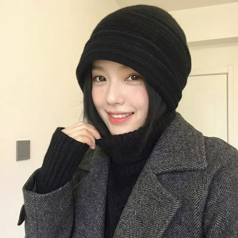 秋冬韩系加厚百搭显脸小针织卷檐包头冷帽