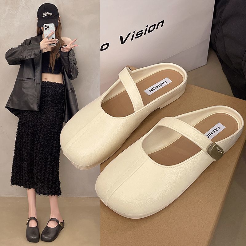 法式ins包头半拖鞋女夏外穿2025韩版圆头软底平底温柔百搭奶奶鞋