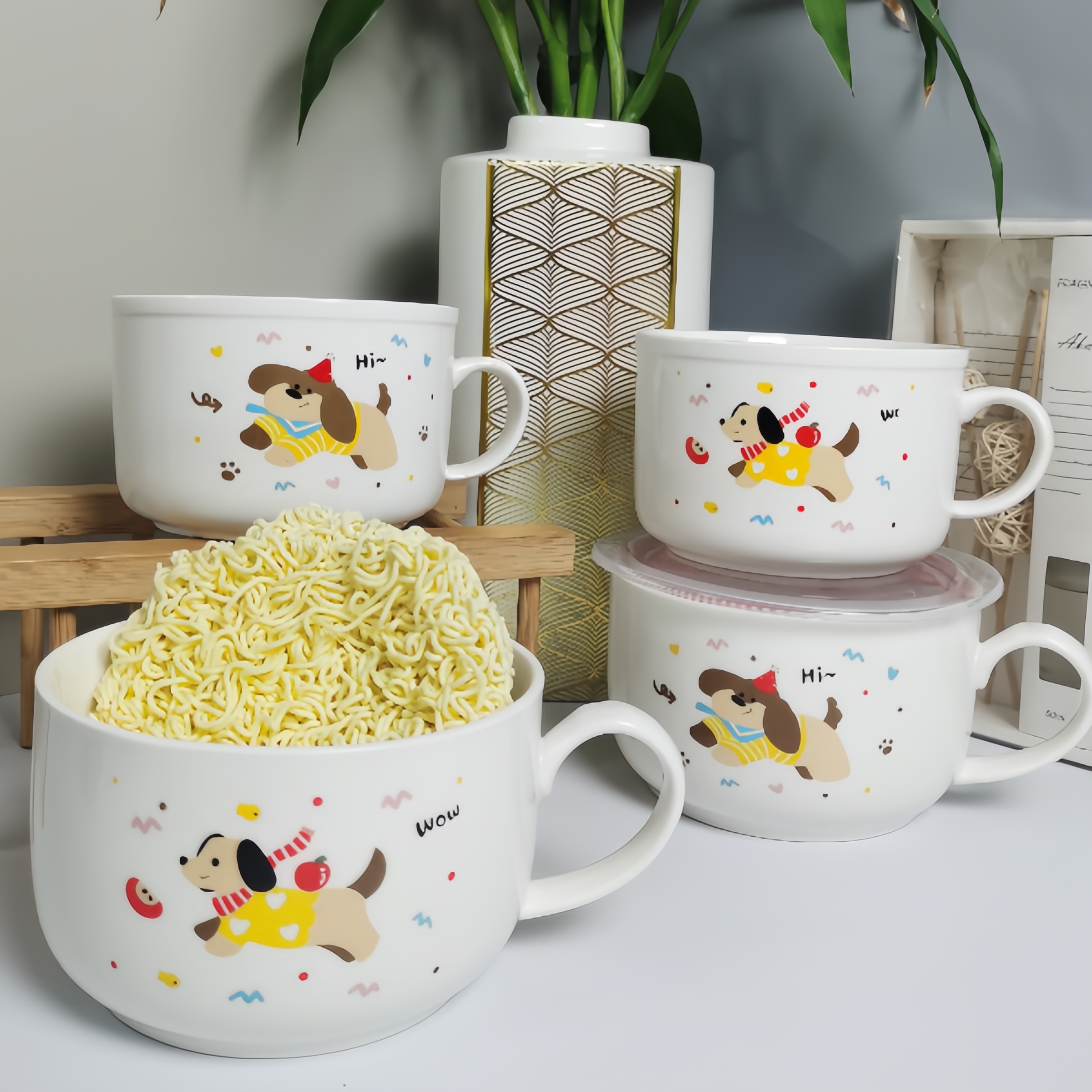 日式创意卡通陶瓷泡面碗带盖碗带把学生宿舍方便面杯饭碗