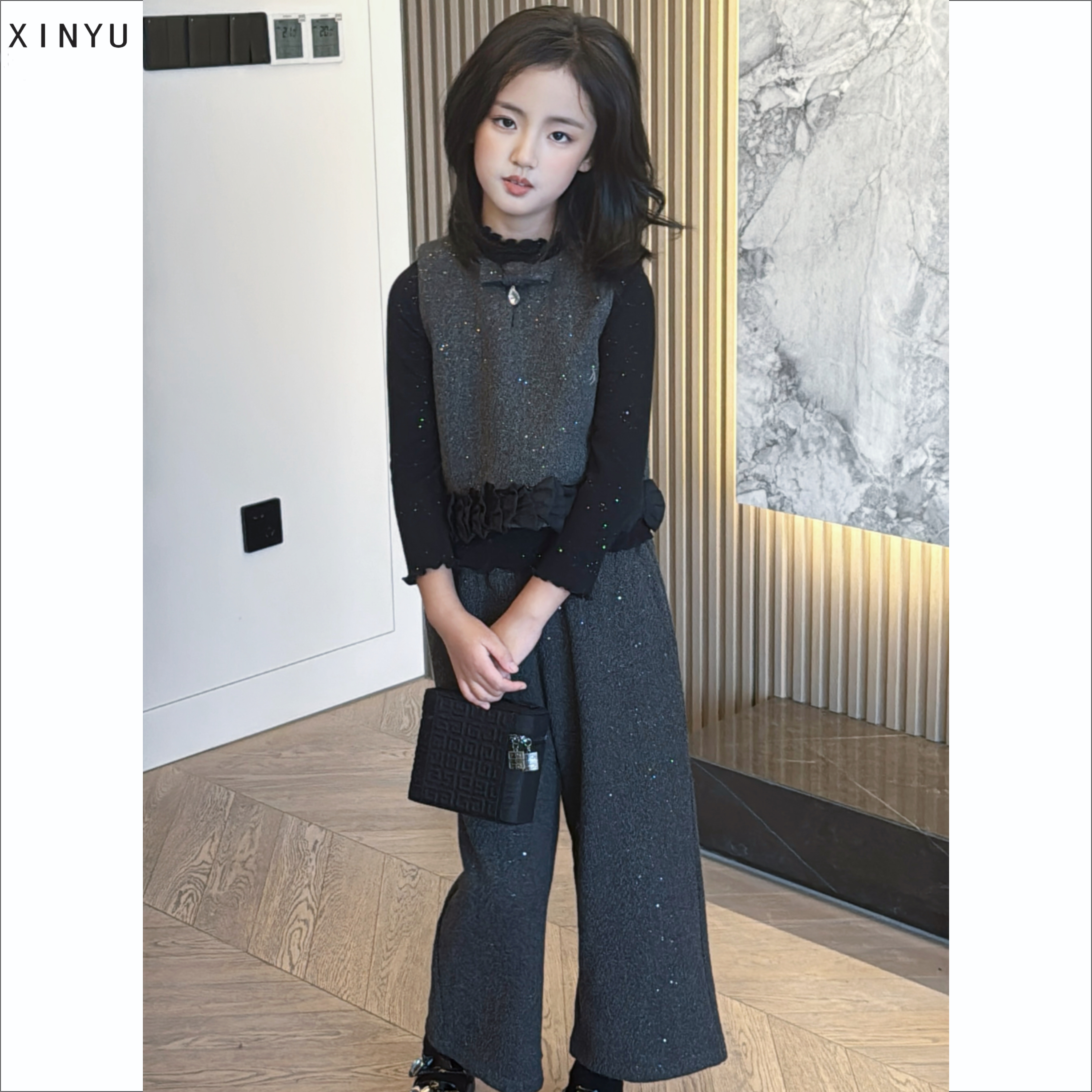 【XINYU馨语】2025新款女童灰黑色马甲套装春秋高级感套装马甲裤子