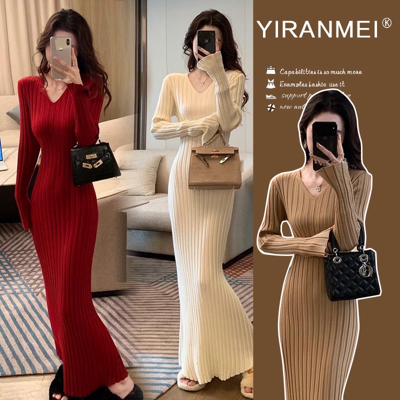 孕妇装2025秋冬新款时尚修身显瘦气质v领纯色毛衣连衣裙