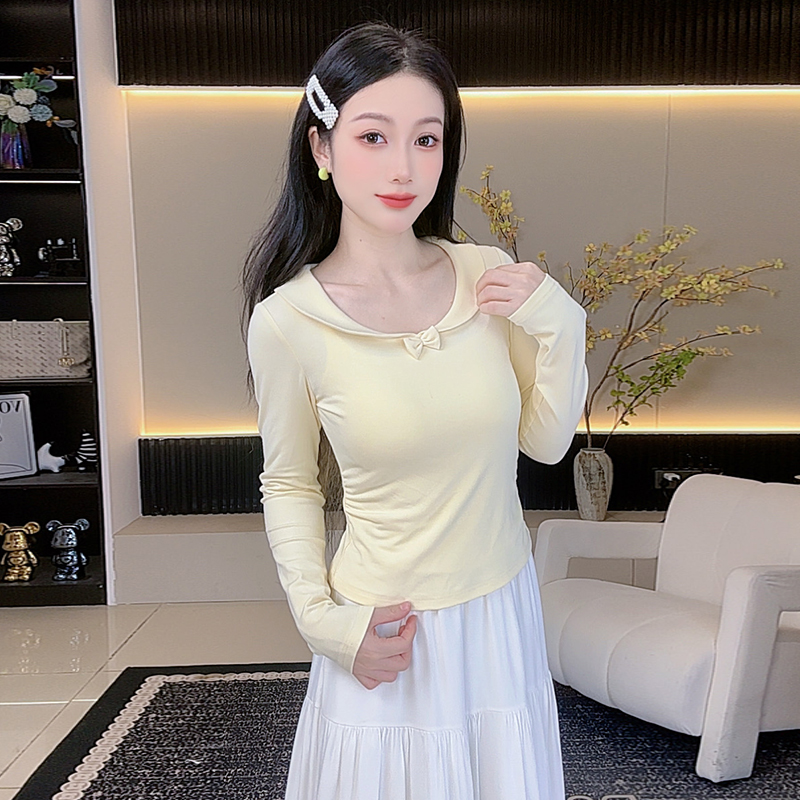 甜美短款蝴蝶结娃娃领显瘦T恤针织白色内搭设计感