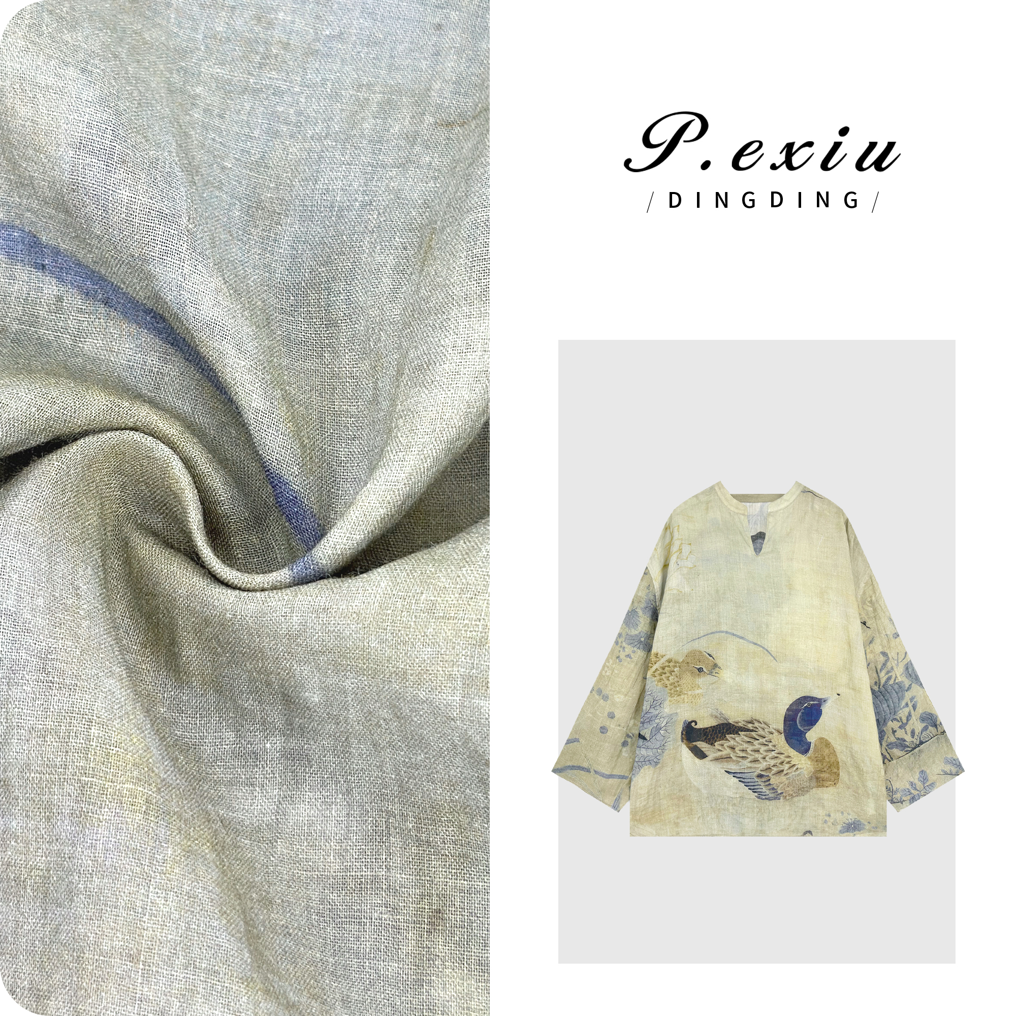 PanYiXiu/潘依绣【苎上秋野】100%苎麻国风鸳鸯印花长袖衬衫M8855